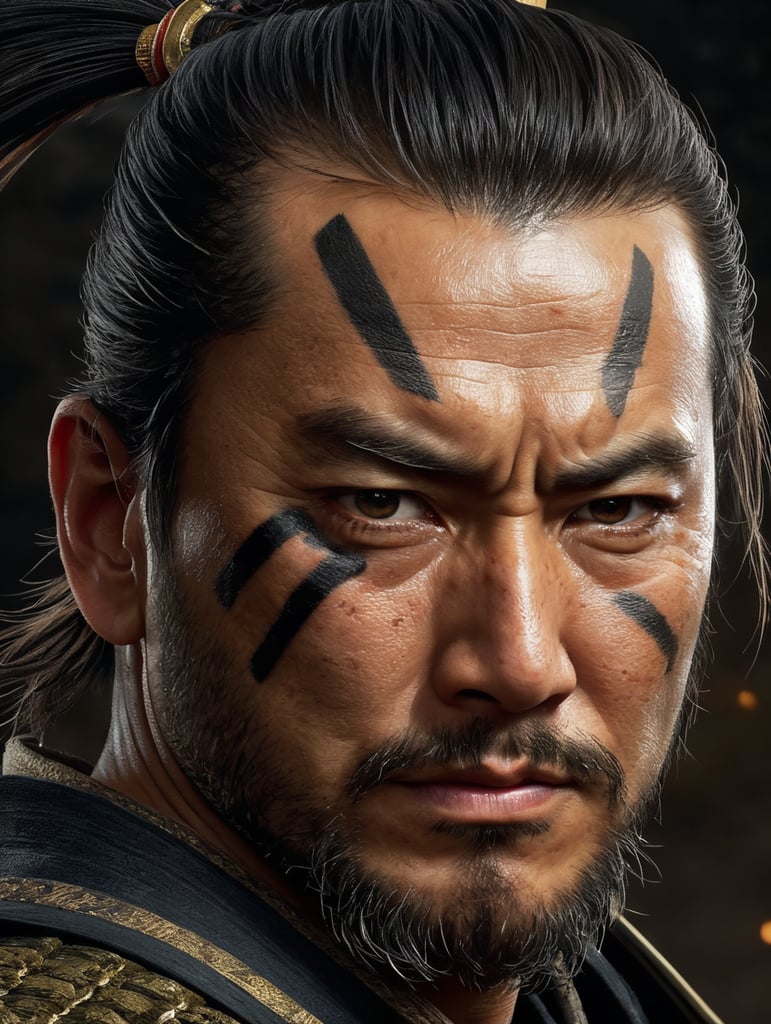 Portrait of a Samurai with a scar on his face, a very serious expression, classic Japanese painting style