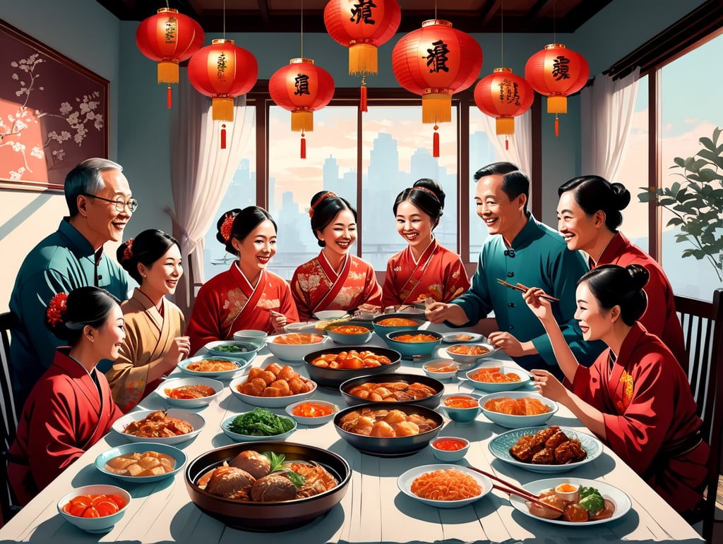 A vector flat illustration of a family reunion dinner during Lunar New Year, with stylized family members gathered around a table, traditional dishes, and red decorations, conveying the warmth and togetherness of this important cultural celebration, Vector Flat Illustration, designed with vector graphics software to depict the significance and family bonding of a Lunar New Year feast,