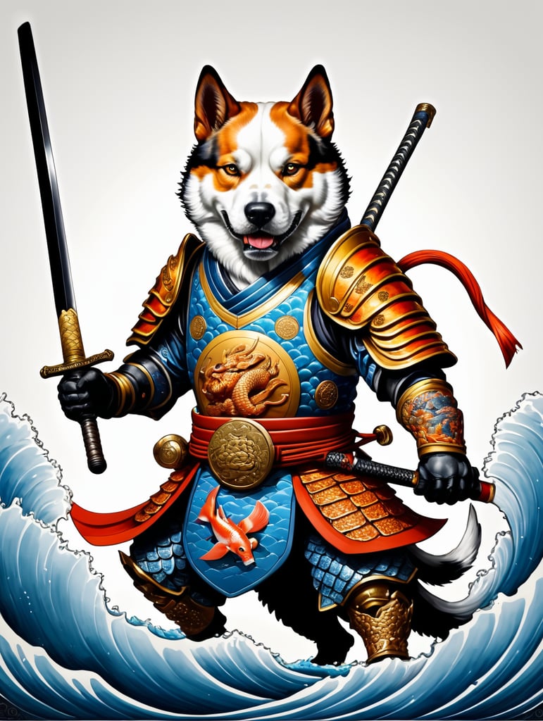 There is a dog with a fish and a sword on a white background, samurai dog, dog warrior, armored dog, anthropomorphic dog ninja, samurai deity with koi armor, by kanō tan'yū, highly detailed and colored, in the art style of ukiyo - e, inspired by utagawa kuniyoshi