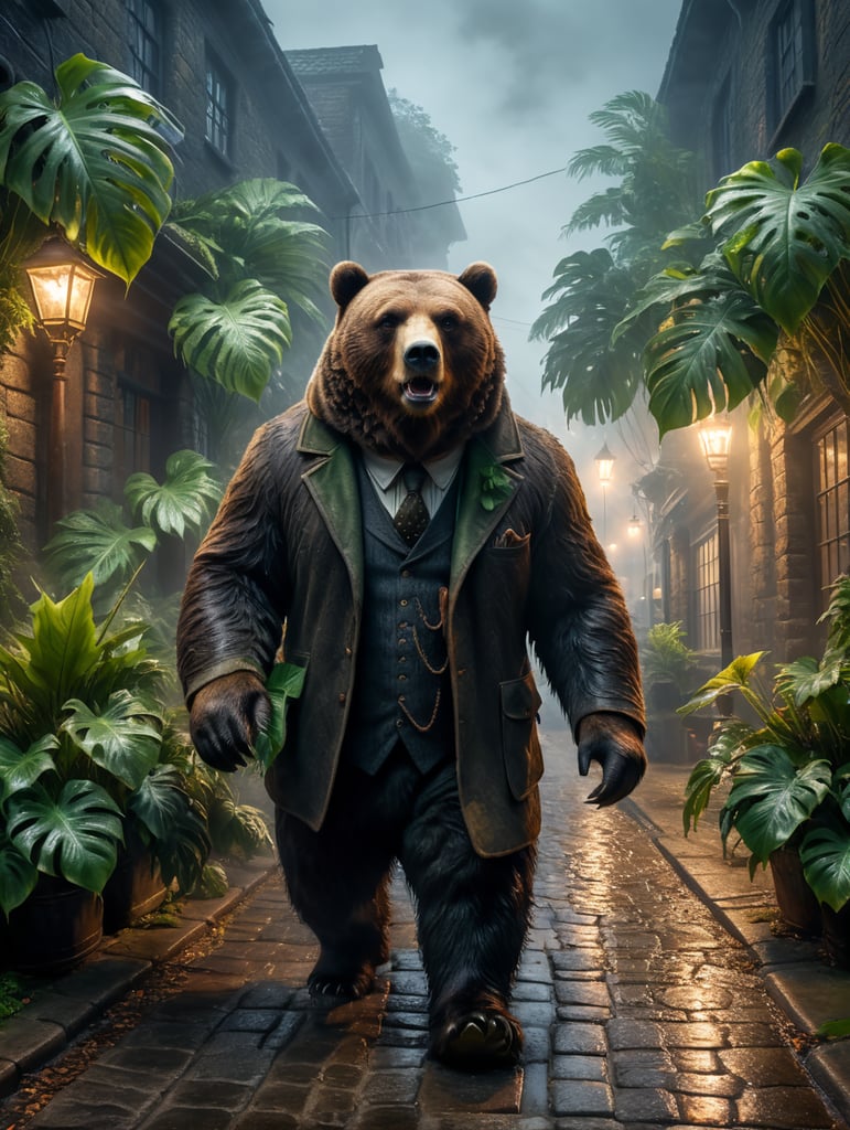 oso grizzly vestido como un peaky blinders en una calle adoquinada con niebla por la noche y rodeado de plantas monsteras