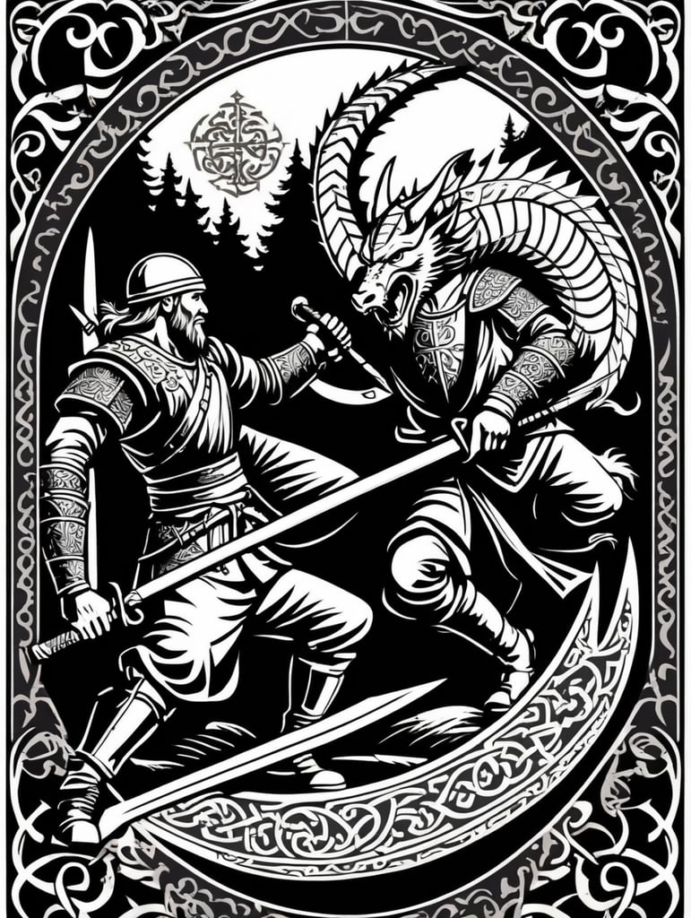 Peasant and dragon combat, wood cutting style, vector graphics, viking era, bevel with rune