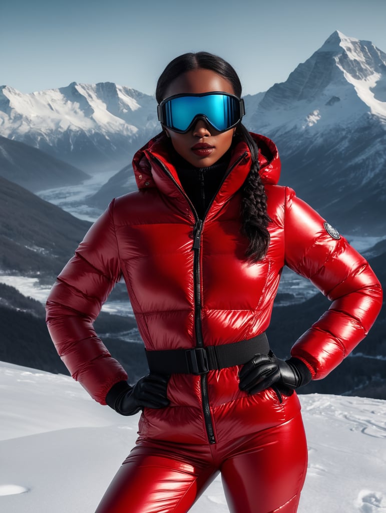Full body black skin girl in a red glossy puffer jacket and red glossy down puffer boots, black tight leather pants, black gloves, black snowboard goggles, snow-capped mountains in the background