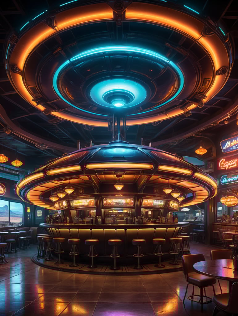 futuristic ufo cafe, desert, an night, neon, glass