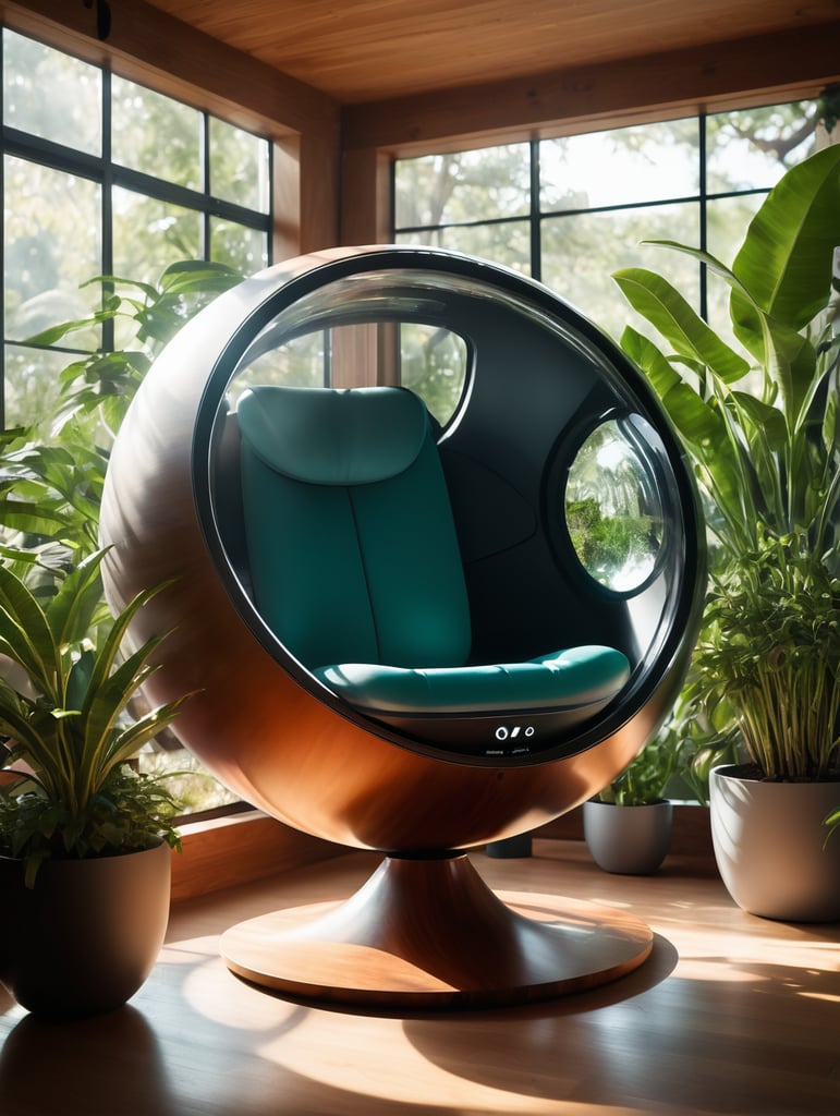 Futuristic sci-fi pod chair, flat design, product-view, editorial photography, transparent orb, product photography, natural lighting, plants, natural daytime lighting, zbrush, 8k, natural wooden environment
