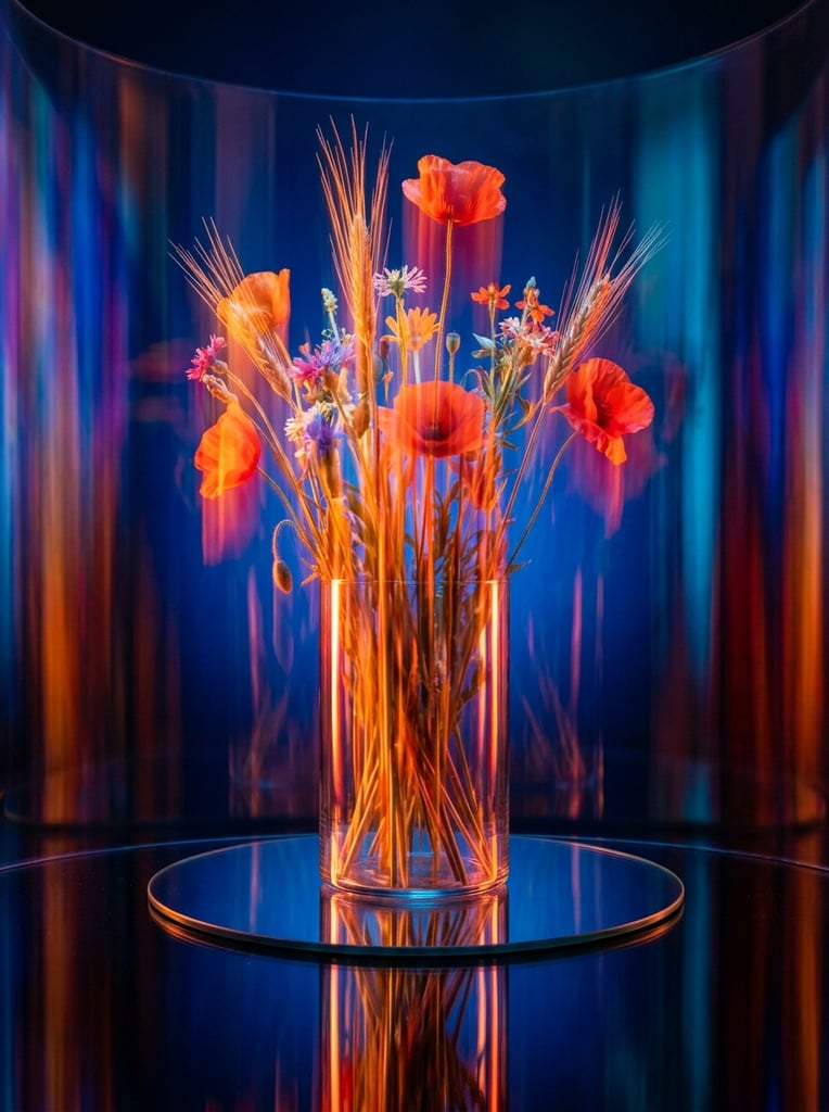 A cluster of flowers and wheat stalks transformed by heavy, dramatic vertical motion blur and long-exposure light streaks. The organic forms of the petals and grain heads are elongated into kinetic, ethereal vertical striations, illuminated by intense, neon-like rim lighting in fiery orange and bright crimson. These luminous warm tones contrast sharply against a deep, highly saturated backdrop of cyan and sapphire blue. The botanical arrangement is centrally positioned on a polished, highly reflective circular platform that mirrors the stretched, glowing stems and petals in a glassy puddle of light. The surrounding environment consists of abstract, vertical bands of glowing color forming a curved, cylindrical visual boundary, enveloping the subjects in a high-contrast, theatrical, and dreamlike atmosphere defined by smooth, fluid textures and vibrant, streak-like chromatic bleeding.