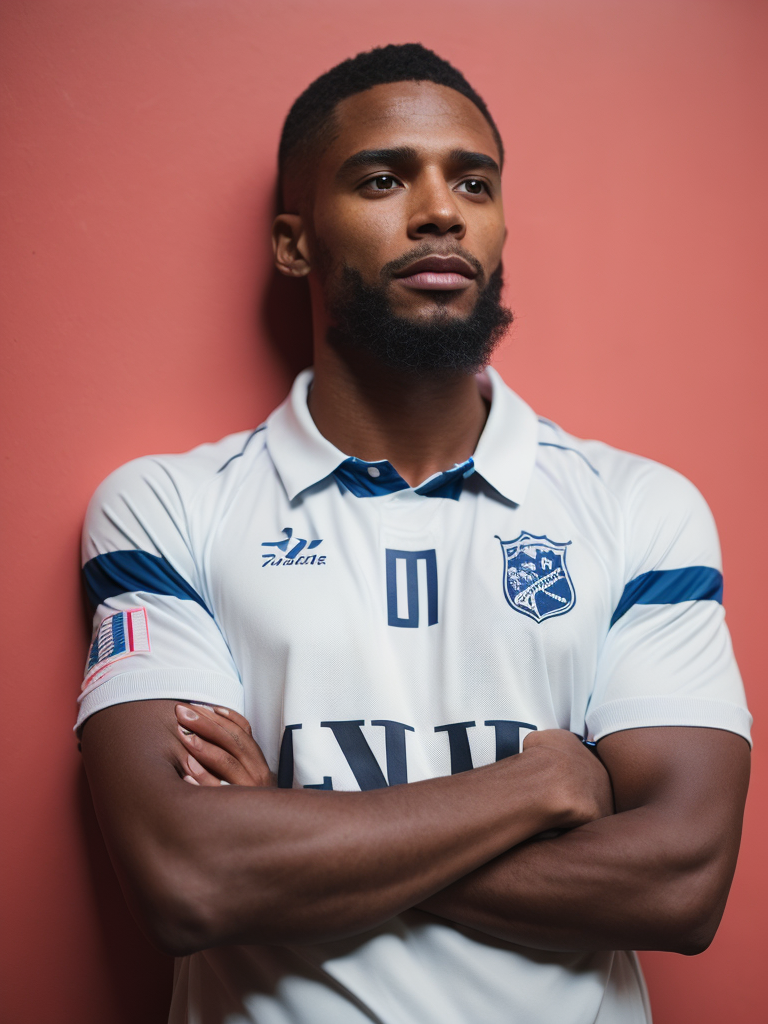 a soccer player stands in a front of the pink wall