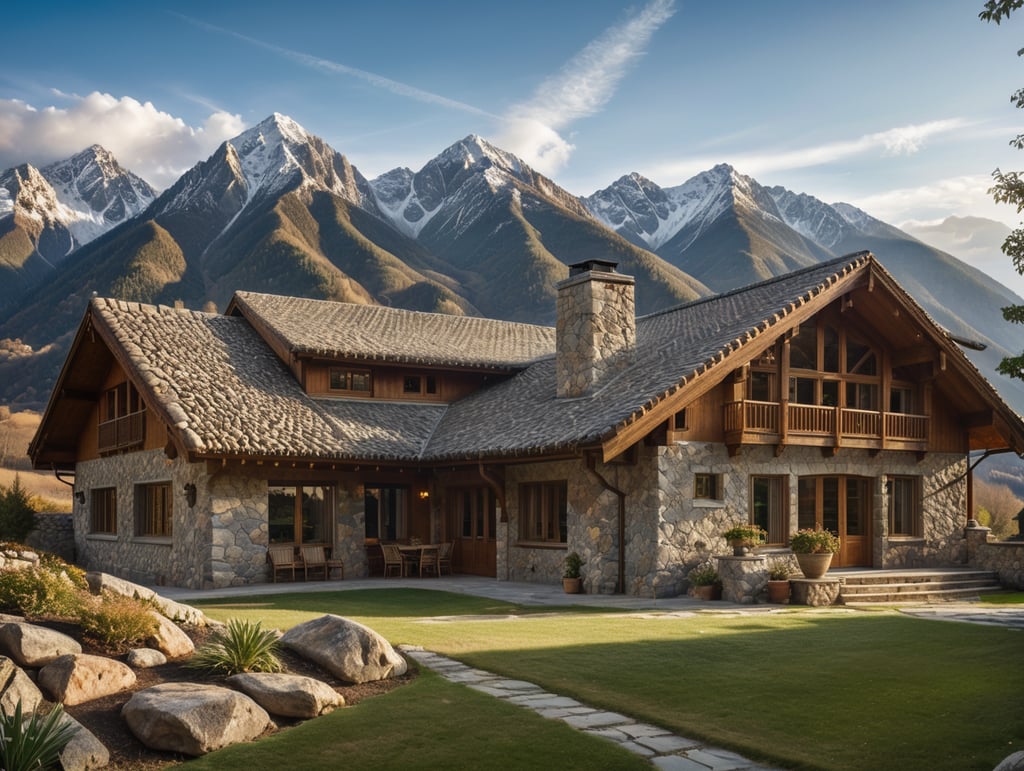 mountain house built of stone, with large windows, mountains in the background