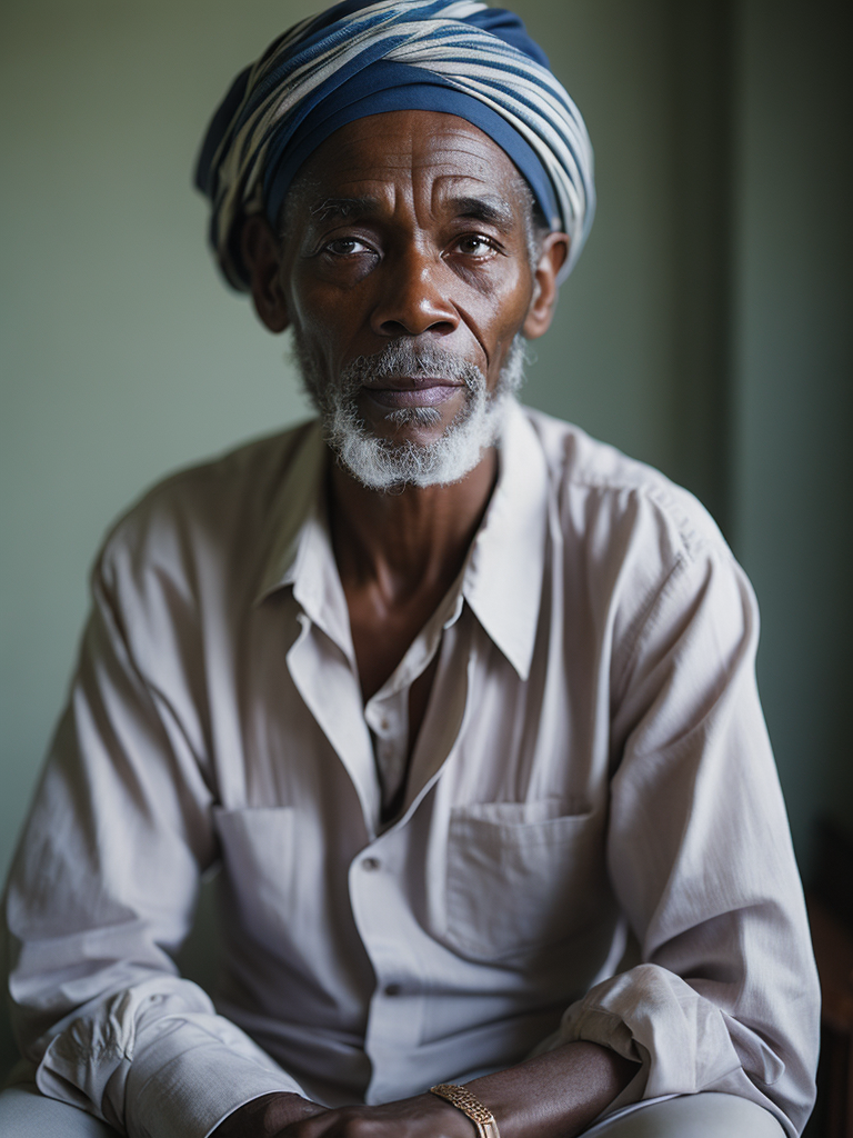 Jamaica's Old Man, portrait, realistic image, lots of details, wearing turban