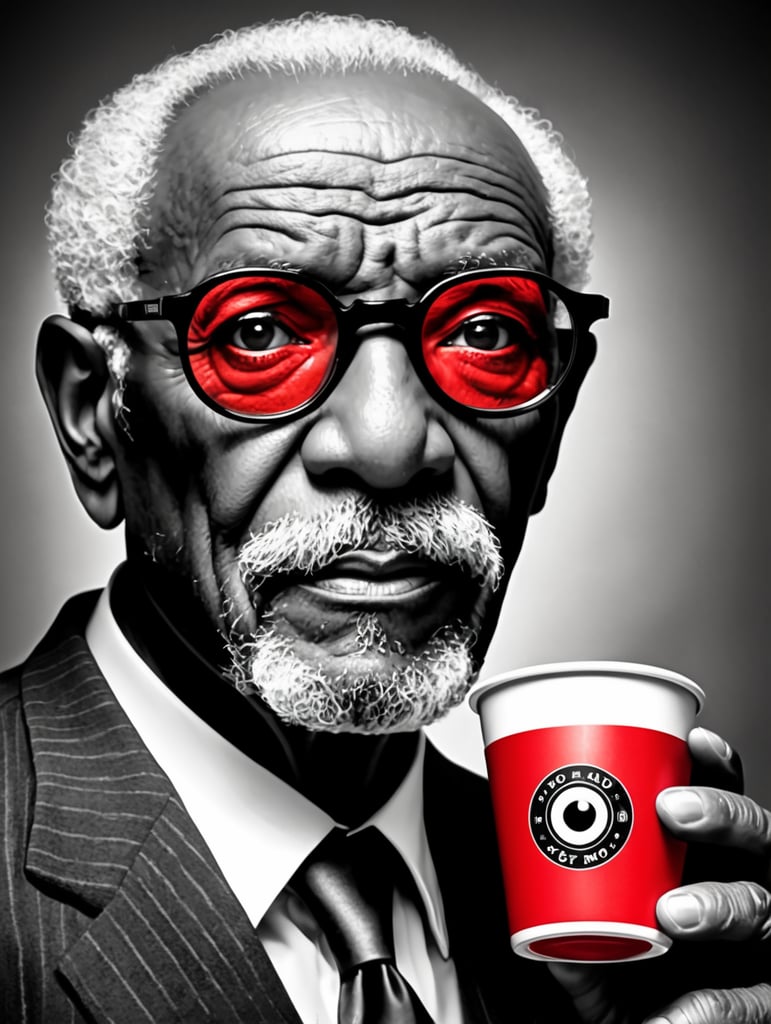 Miami black old man holding a red cup eye-catching poster-style drawing and illustration representing the iconic pulp style.