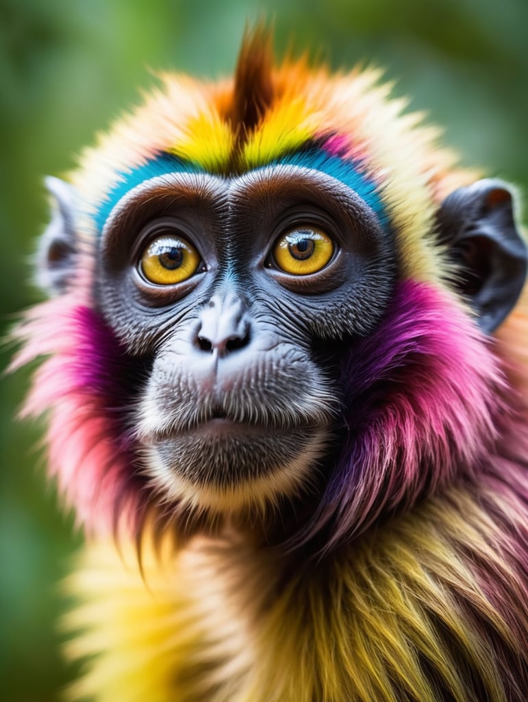 poto portrait makhluk berwarna-warni yang aneh tapi mempesona yang mana manusia akan menyebutnya monyet purba jika mereka pernah melihatnya, makhluk ini memiliki mata besar yang tidak normal tetapi sangat lucu, memiliki campuran bulu berwarna cerah dengan expresi seolah melamun