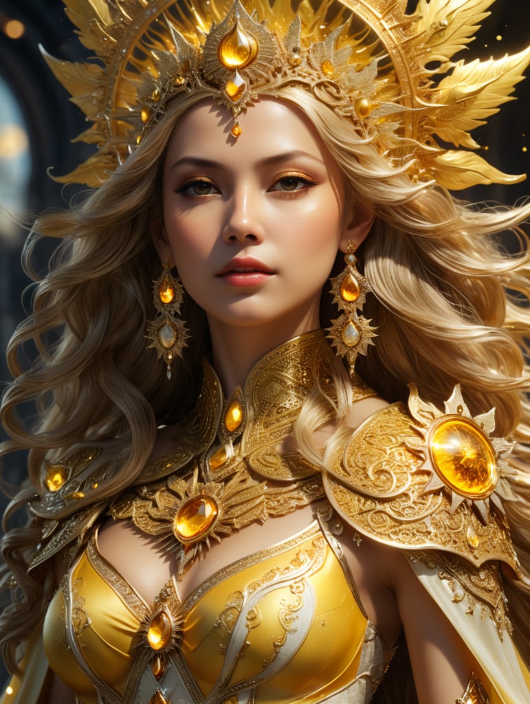 The queen of light in light yellow clothes and sun-shaped jewelry, full body,with a sun and star costume covering all his body, His whole body has an extremely beautiful light aura, With a crown in the shape of the sun and stars, she is very beautiful and has glowing hair like the sun, in the kingdom of the sun