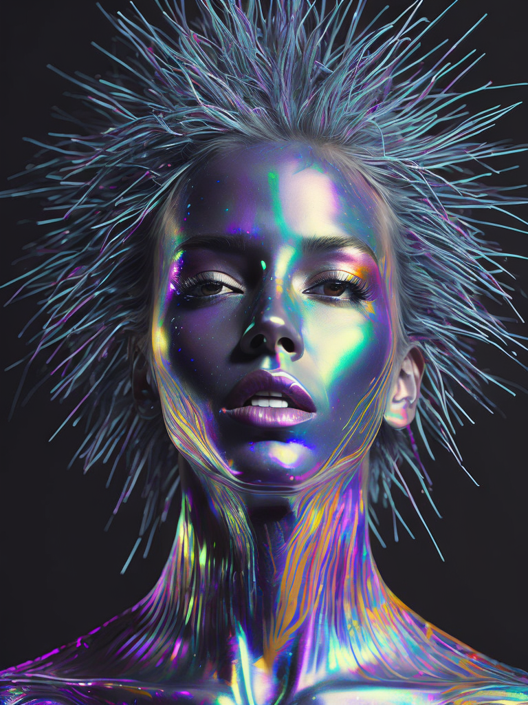 Mesmerizing Holographic face materials shimmer in motion, Photography in the style of Rankin