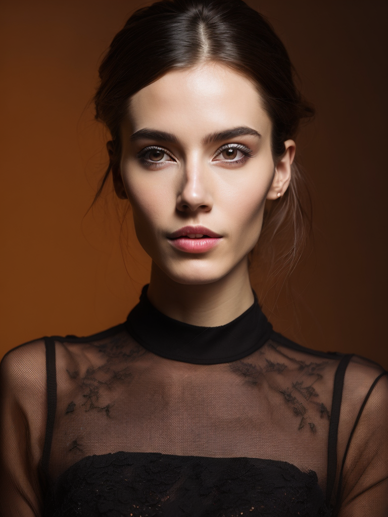 a fashion studio photo of a woman dressed in a black dress made of electrical wires, perfectly lit, solid orange background, Vivid saturated colors, Contrast color, studio photo, professional photo, Rich colors, Detailed image, detailed face