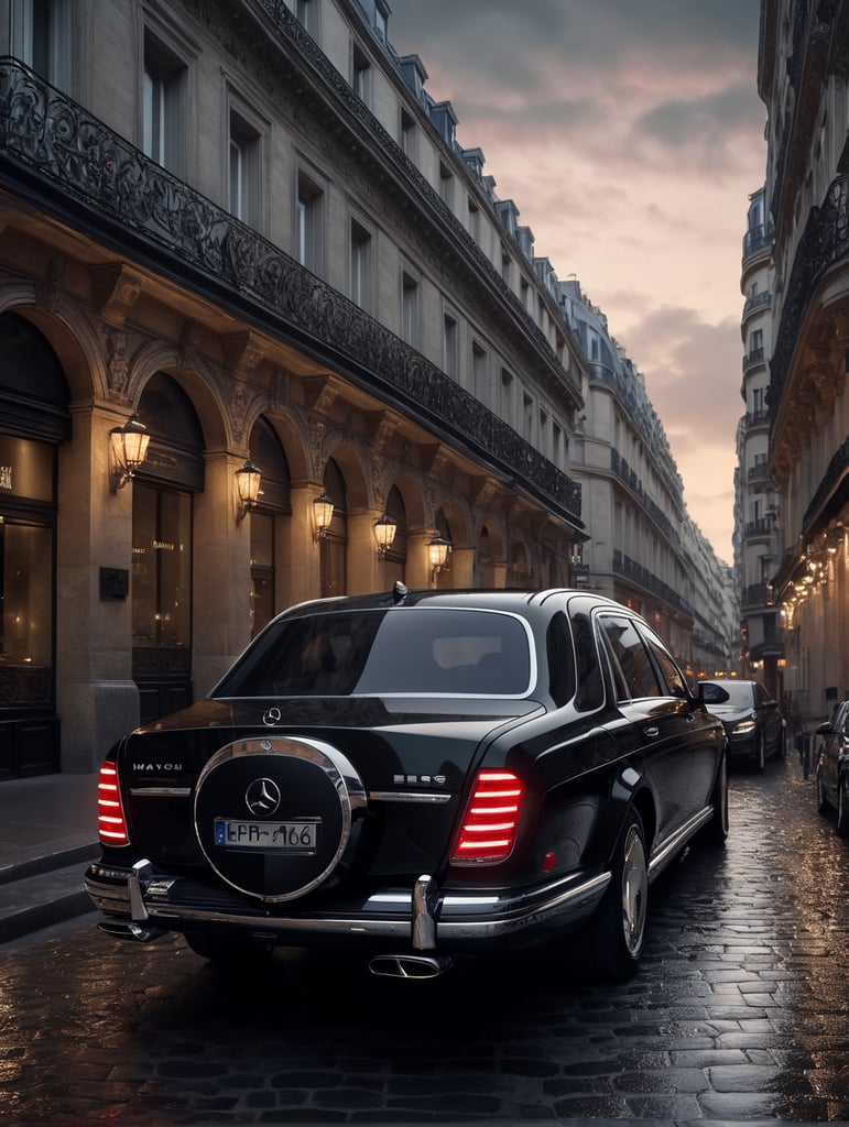 high quality cinematic Mercedes-Benz Maybach decorated with diamond stones in the city of Paris