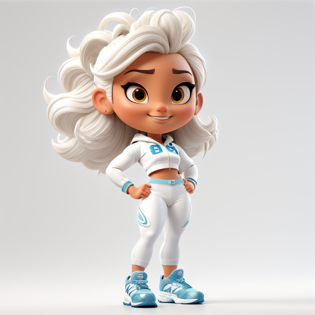 a female mascot, with white fitness clothes, white background,