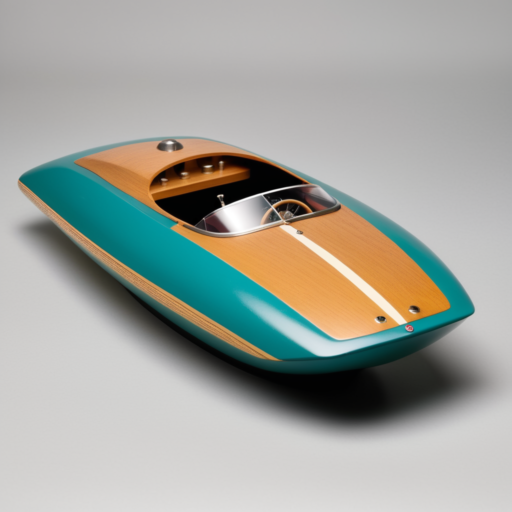 Toy chubby 1950s riva high speed racing boat designed by Dieter Rams. Simplistic minimalist post modernist product design. Oak top and injection molded plastic. Full object in view. Radio controlled