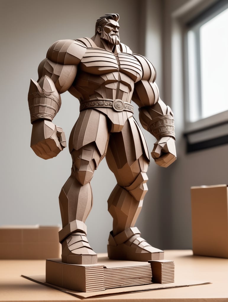 Draw me a statue of strong man created from Corrugated carton on a desk