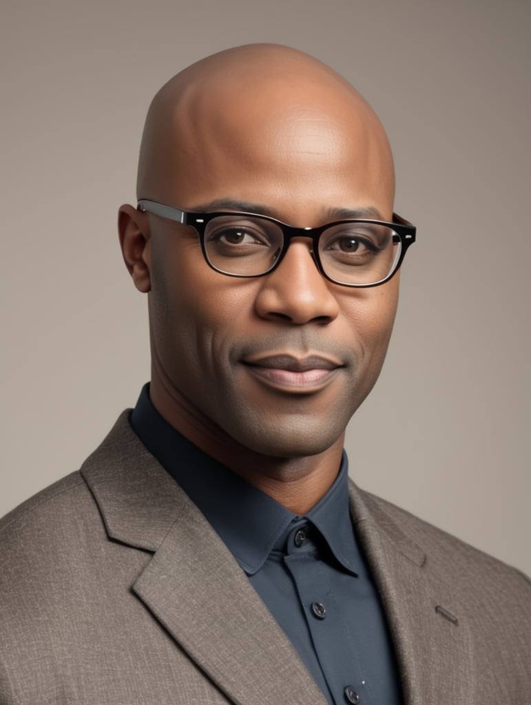 Bald headed black man wearing glasses