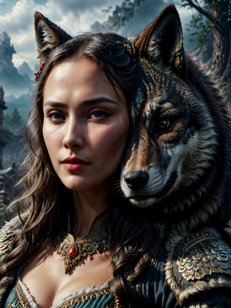 Portrait of a Beautiful women from Russian fairytale wearing traditional costume hugging a wolf