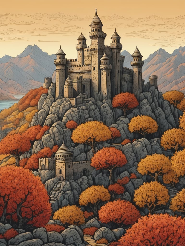 Omani stone castle in an autumn landscape, fine-art four-colour linocut illustration intricate dynamic lighting wallpaper award winning ultra detailed high definition very cute Print zentangle maximalist graceful linocut