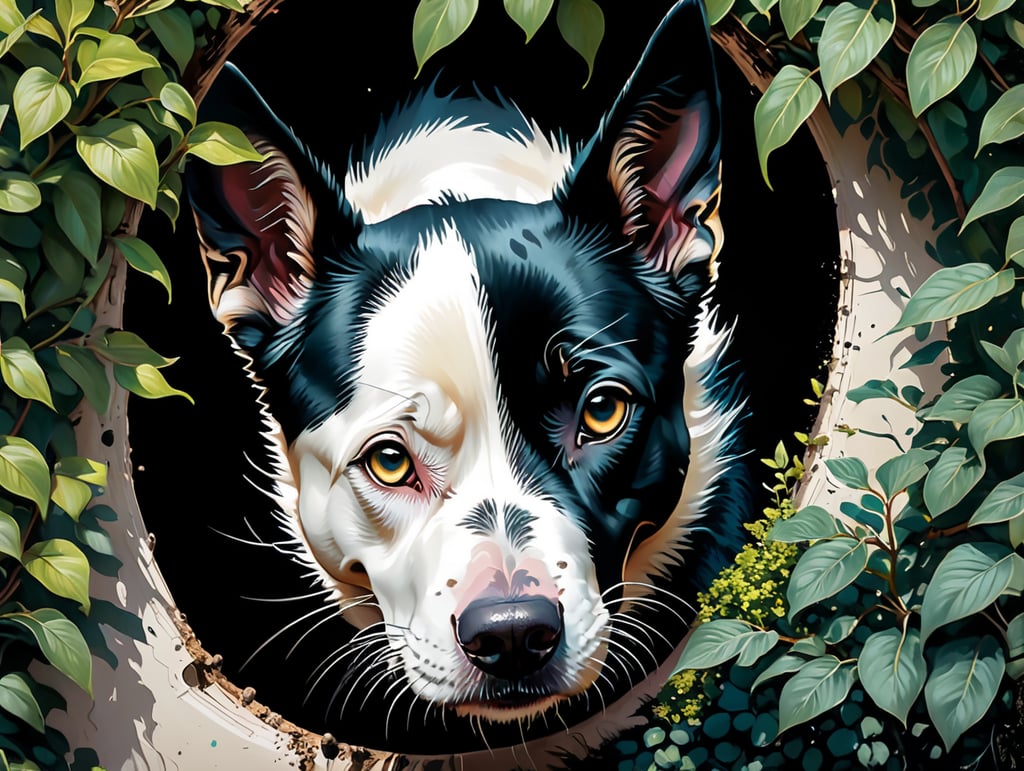 Black an white dog digging a hole under a privet hedge in a garden