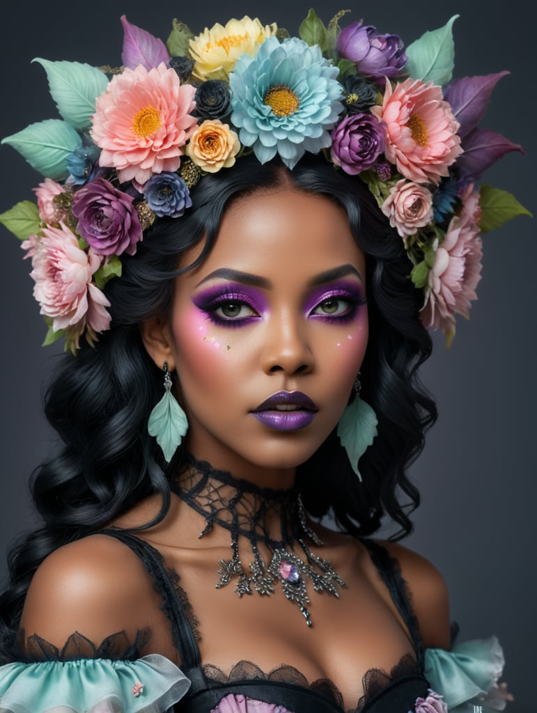 Hd photography, photograph, 3 4 pose, black woman, pastel gothic makeup, fairy goth, gothic style, pastel, beauty portrait, big flowers headband, big flower crown