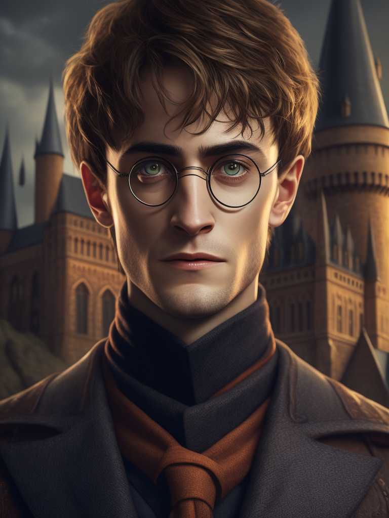 Portrait of Harry Potter in medieval style, detailed face, contrasting light, Against the backdrop of the castle,