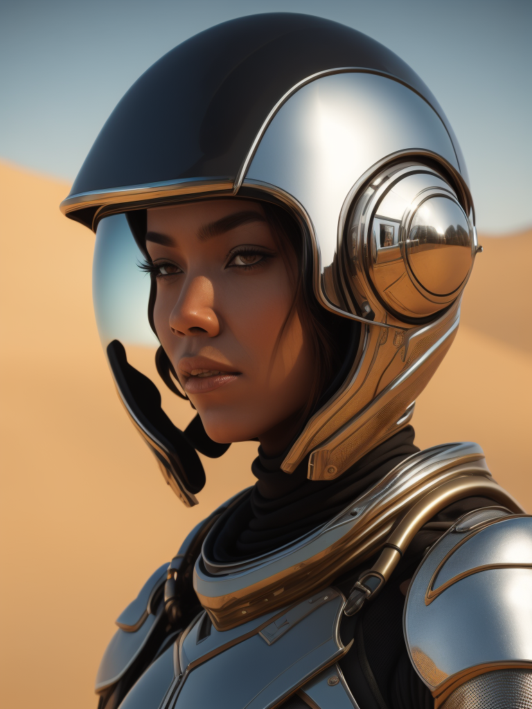 Cyber girl wearing chrome helmet, shining reflections, walking in the desert, photorealistic, hyperdetailed, dune atmosphere