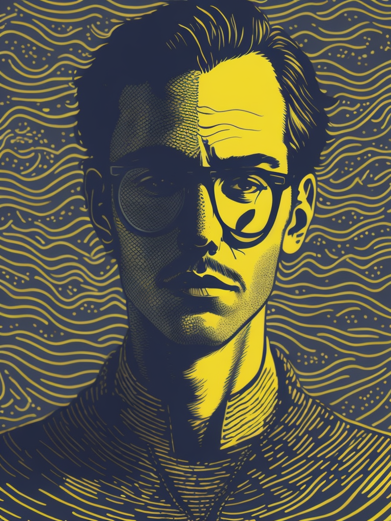 yellow blue black cream noise patterns risograph man, happy surrealism, fashion, shot on sony, edited with Maya, Nuke, Blender, Fusion, Houdini