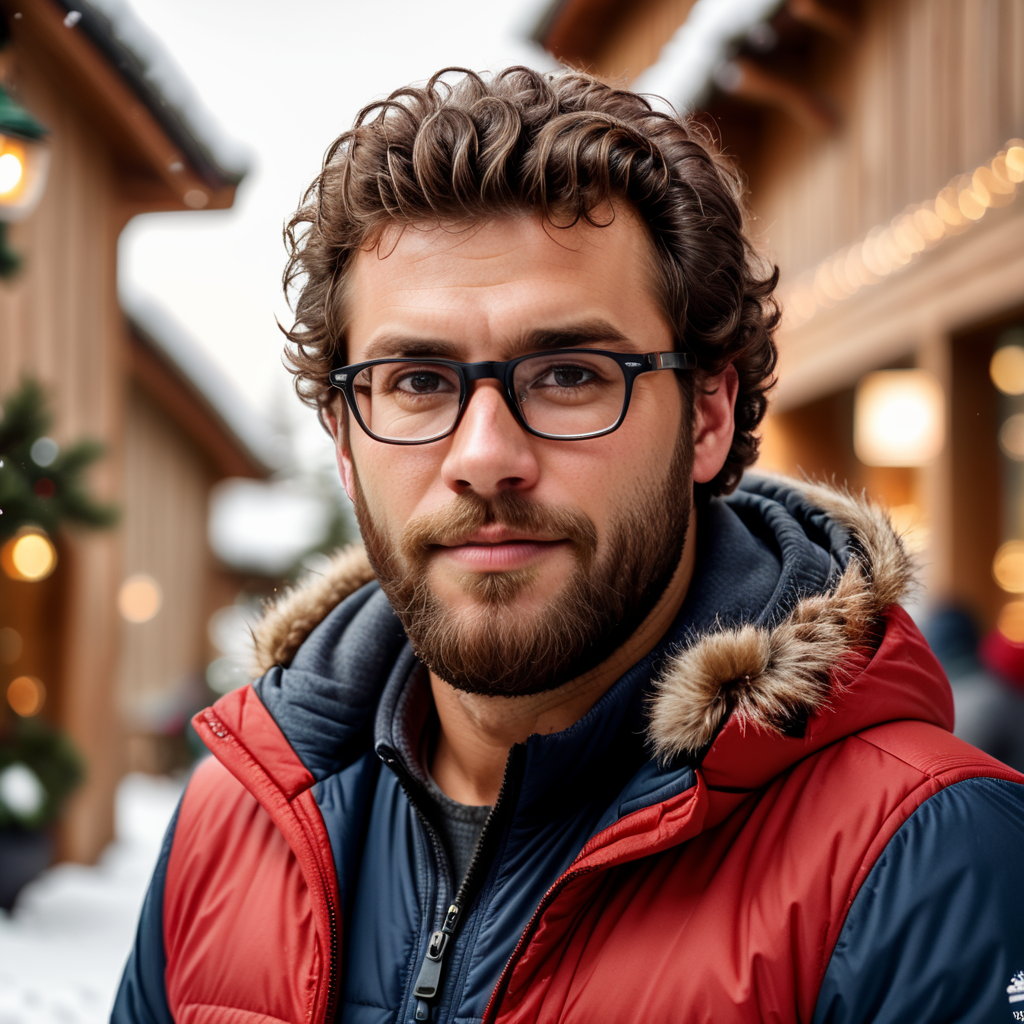 portrait of a bearded curly man wearing red puffer jacket, reeding glasses, stands front camera with gift box his hand, snowy weather, Christmas time, blurry background