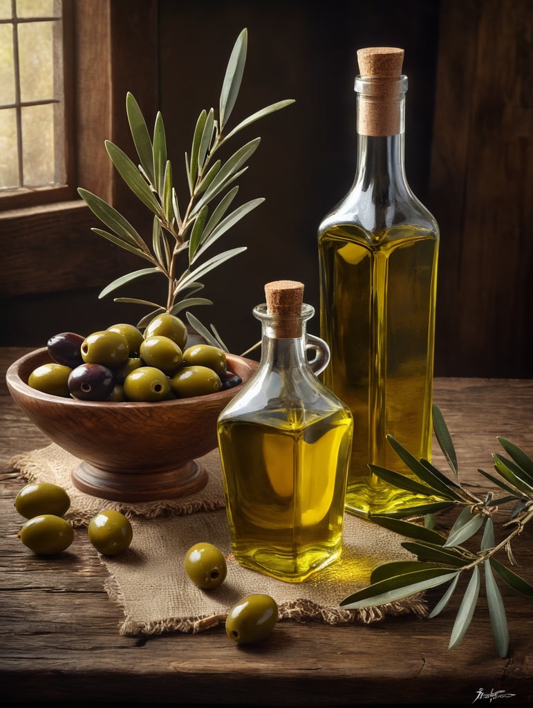 Olive oil Between poses, place a bottle and several olive branches on a wooden table. The olives should be green without holes and have the right texture. We want the photography to be true to the old Andalusian style. The camera must look straight