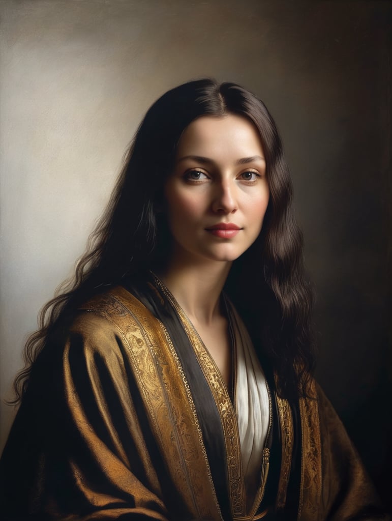 A masterpiece portrait by Rembrandt Van Rijn of a beautiful saint woman, straight hair