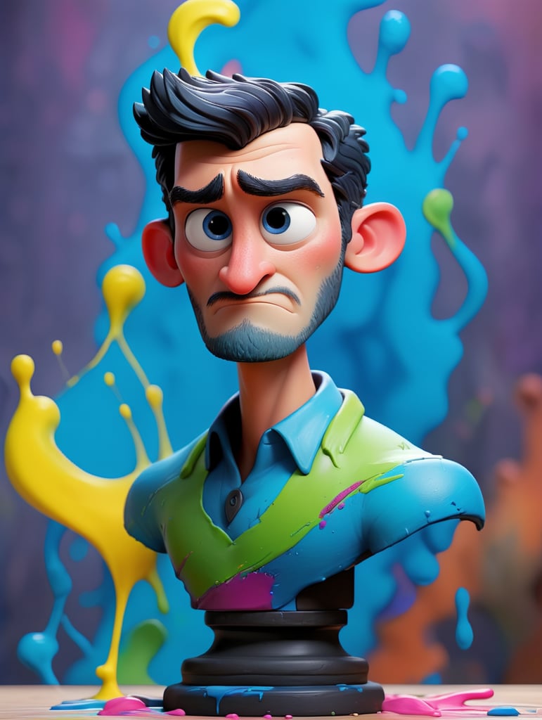 greek male bust with colorful paint, melted, the paint is flowing, aesthetic background