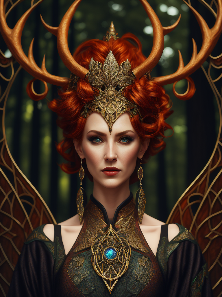 stained glass effect, celtic pagan red haired woman wearing antlers on her head, regal goddess, beautiful, in a forest, wearing ancient goddess robes with celtic embroidery, dark evening background, stained glass style