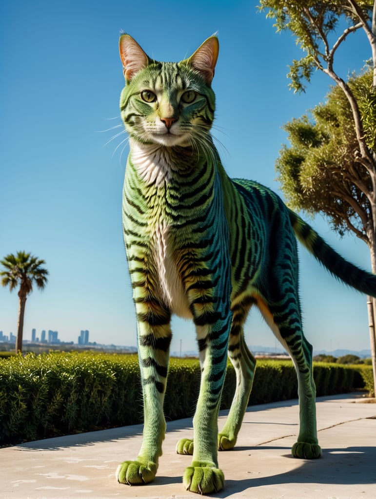 Green cats with very long, thin legs. Painted in the style of Salvador Dali. Blue sky.