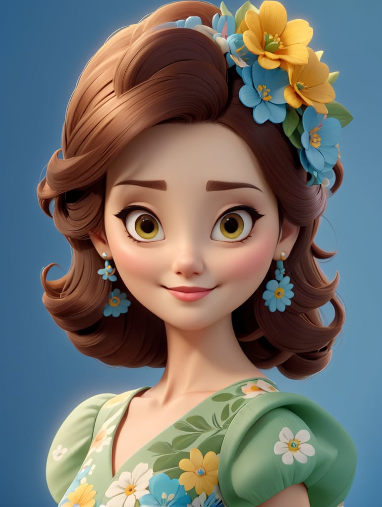 Female character with nice and clever face in modern flowered dress