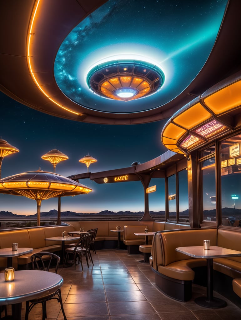 futuristic ufo cafe, desert, an night, neon, glass