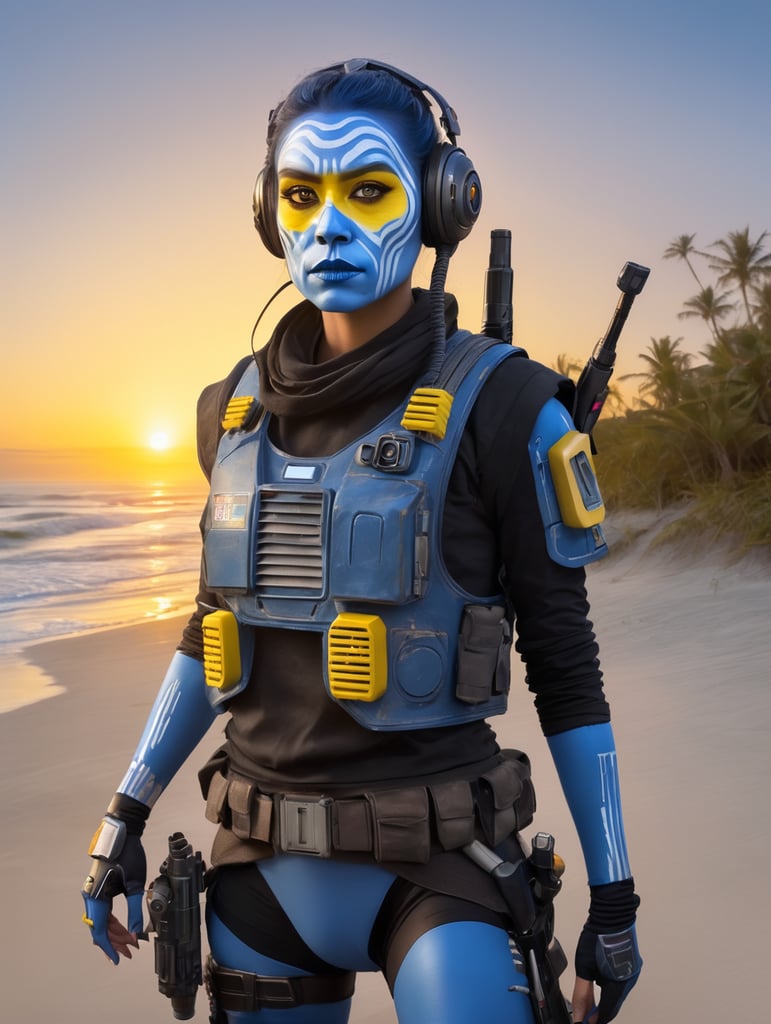 Star wars female pantoran with blue skin and yellow face warpaint. Wearing pilot vest and a radio headset. holding a small laser blaster along a sunset beach.