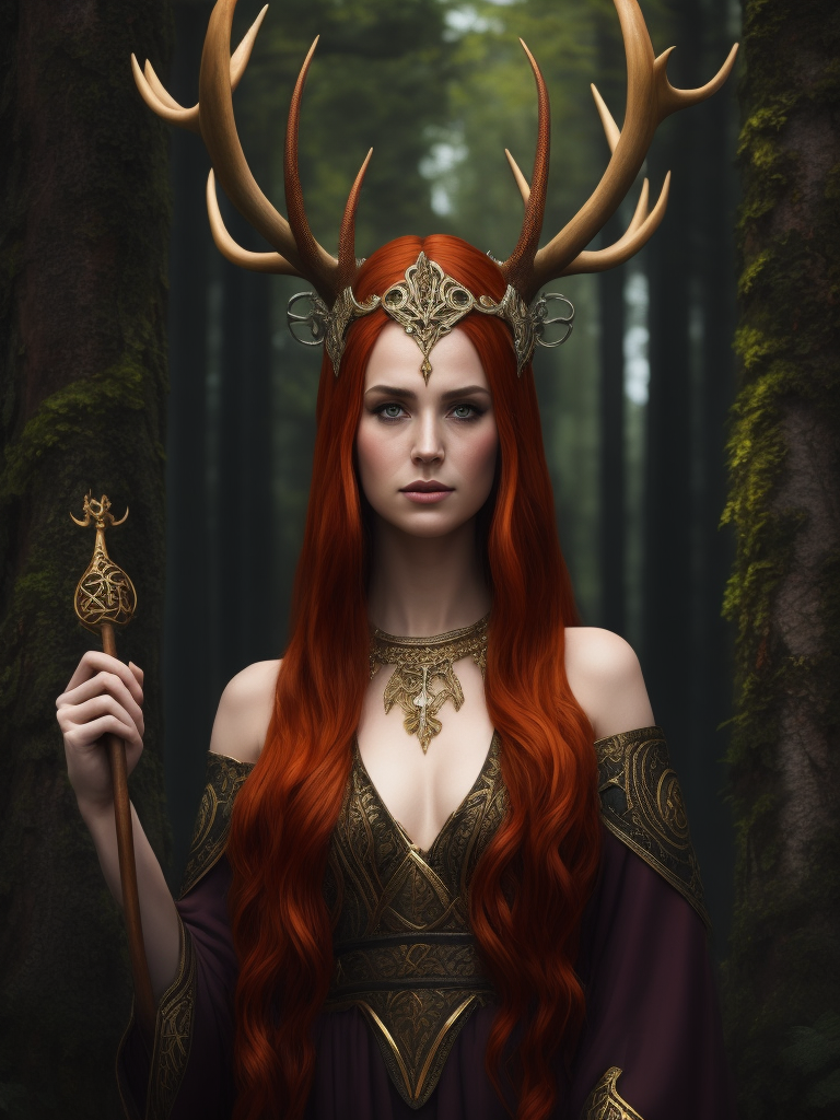 celtic pagan red haired woman wearing antlers on her head, regal goddess, beautiful, in a forest, wearing ancient goddess robes with celtic embroidery, wooden staff in her hand, dark evening background, stained glass style