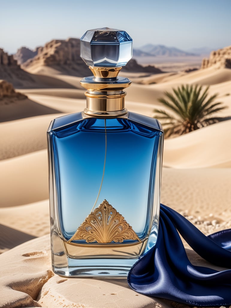 professional photography of a luxury perfume bottle in the desert, Blue satin scarf in the background, no label, clear, mockup