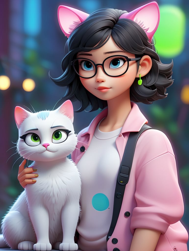 Premium AI Image, modern anime character of Chinese girl AI generated, neon, sunglasses, small cat, lizard