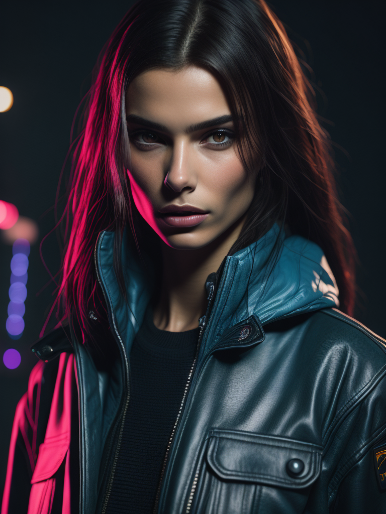 Emily ratajkowski wearing cyberpunk streetwear, detailed portrait, vivid colours, cinematic dramatic atmosphere, sharp focus, volumetric lighting, cinematic lighting, studio quality
