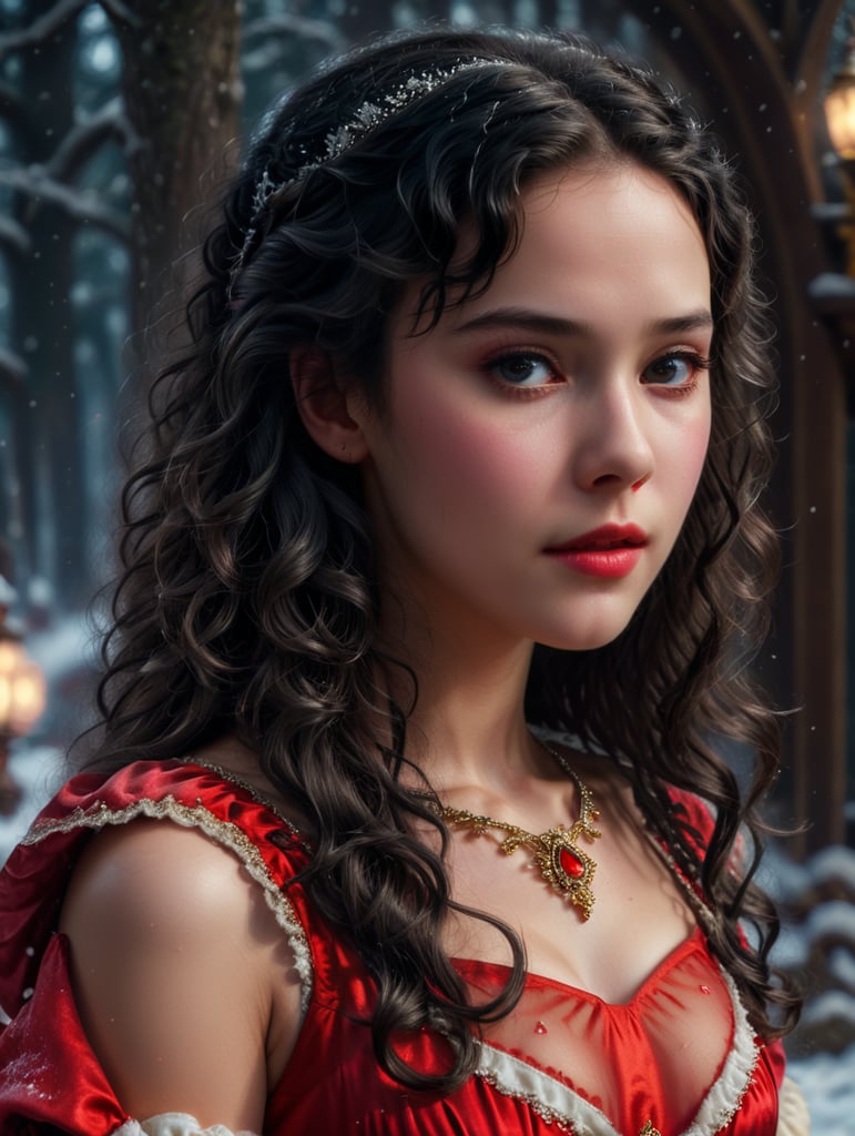 Beautiful young teenage woman, princess, very pale, curly black hair and dark eyes, Snow White, 1930s style, disney cartoon come to life, red gown, innocent sweet face