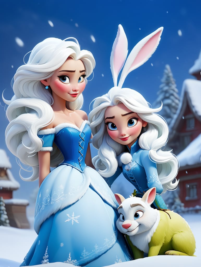 New year's card, Santa Claus and Snow Maiden, rabbit, deere, by Justin Gerard and Greg Rutkowski