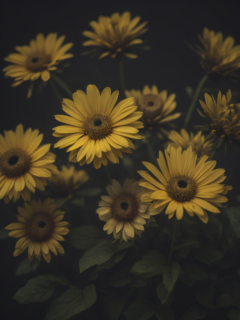 yellow flowers, dark atmosphere, deep colors, clear details