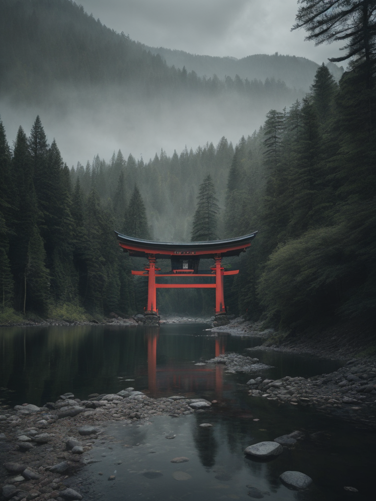 Red torii gate in middle of a lake, Dense forest on the edge of the lake, Bright and saturated colors, Japanese culture, photorealistic, contrast light