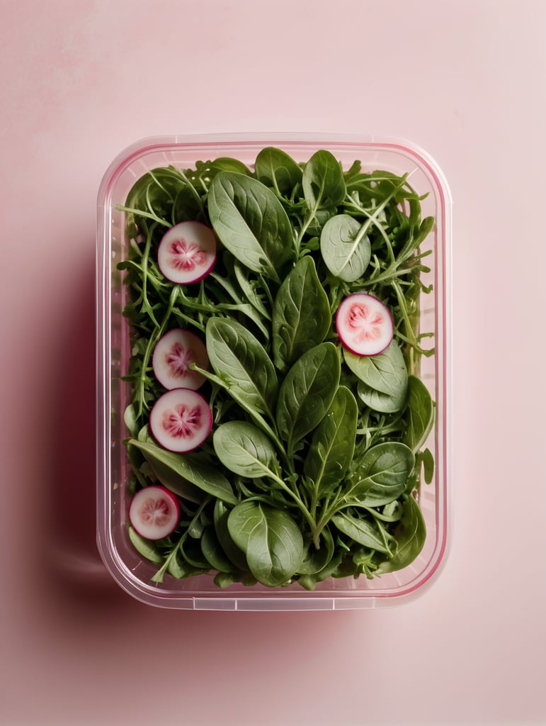 blank Transparent Plastic Container with Arugula Salad, isolated, pink background, Mockup, mock up