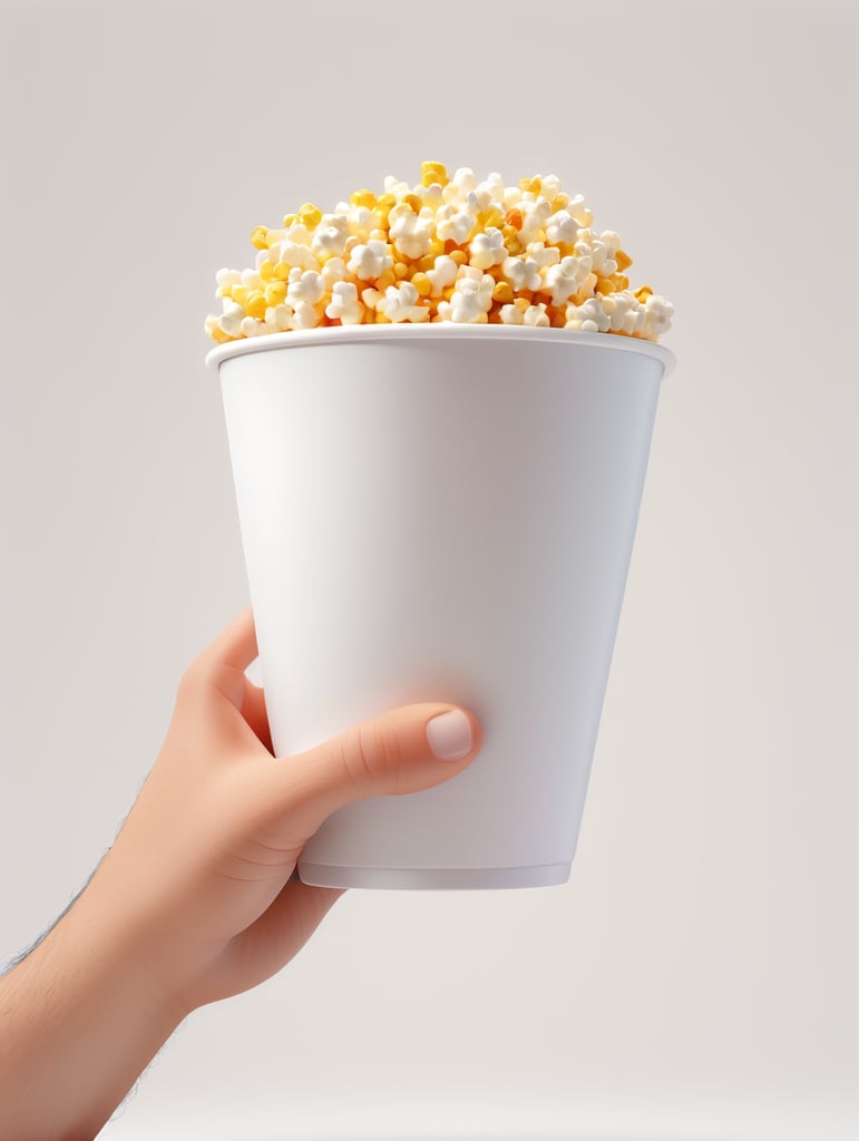 A cartoon hand is holding a popcorn cup, cartoon, 3d render, soft light, white background