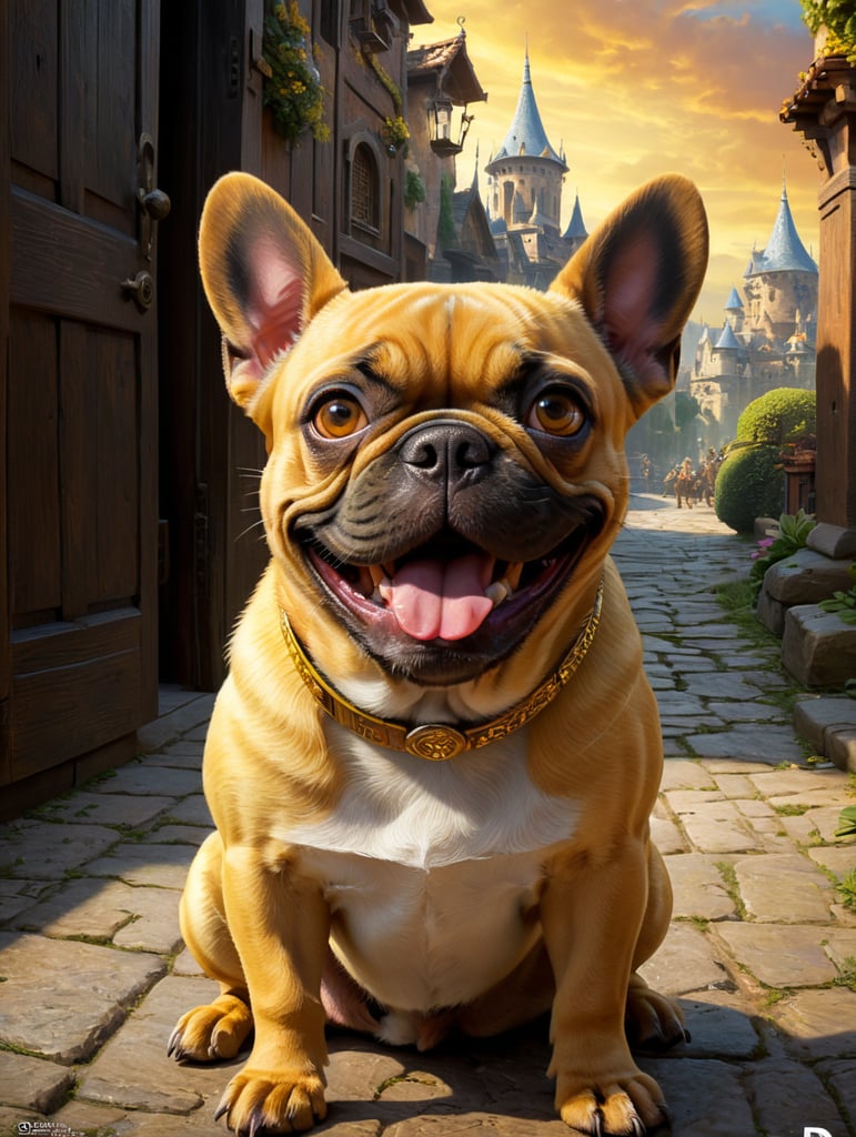 A Disney Pixar-inspired movie poster with title "Theodora". In the image a yellow french bulldog with a black ears and nose beside, with brown eyes and a smiling face. The scene should be in the distinct digital art style of Pixar, with a focus on character expressions, vibrant colors, and detailed textures that are characteristic of th animations, with the title "Bigornas"