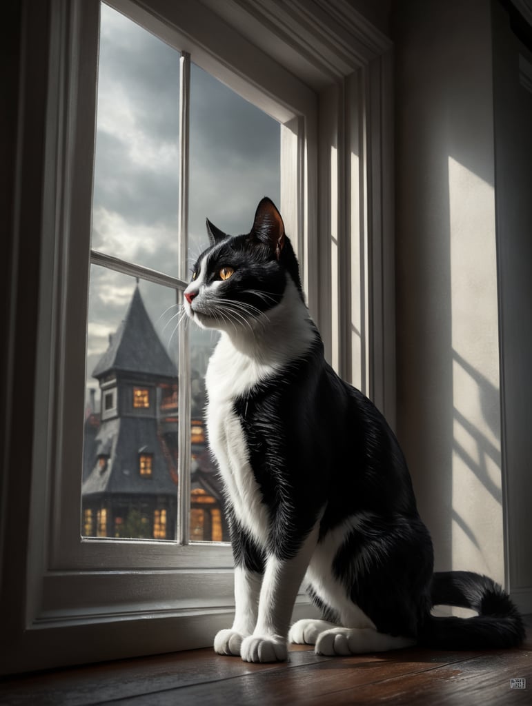 Black and white cat near window